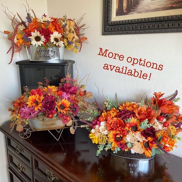 Fall Faux Floral Bouquet in White Jar With Sunflowers/Peonies - Picture 12 of 13